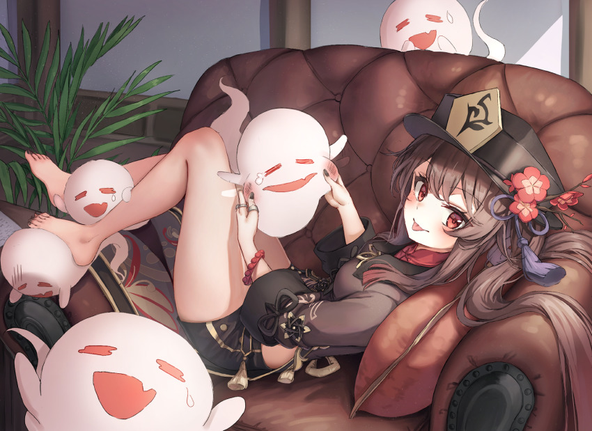 1girl :d :p bad_id bad_pixiv_id bare_legs barefoot black_hat black_nails black_shorts blush bracelet breasts brown_hair brown_shirt cheek_pinching chinese_clothes chirang commentary couch fang flower full_body genshin_impact ghost hat hat_flower hu_tao_(genshin_impact) indoors jewelry long_hair long_sleeves looking_at_viewer looking_to_the_side lying medium_breasts multiple_rings nail_polish on_back on_couch open_mouth pinching plant red_eyes red_flower ring shirt short_shorts shorts skin_fang smile solo tassel thumb_ring toenail_polish toenails tongue tongue_out twintails white_background