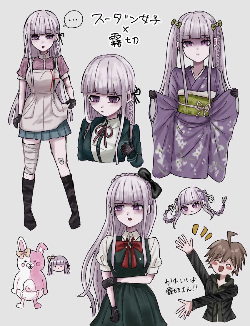 1boy 1girl ahoge black_bow black_gloves blunt_bangs blush_stickers bow braid brown_hair cosplay danganronpa danganronpa:_trigger_happy_havoc danganronpa_(series) danganronpa_kirigiri ear_bow gloves hair_bow hair_ribbon haniwaniwa highres kirigiri_kyoko long_hair long_sleeves monomi_(danganronpa) naegi_makoto obi red_bow ribbon saionji_hiyoko saionji_hiyoko_(cosplay) sash short_hair sonia_nevermind sonia_nevermind_(cosplay) translation_request tsumiki_mikan tsumiki_mikan_(cosplay) twintails wide_sleeves