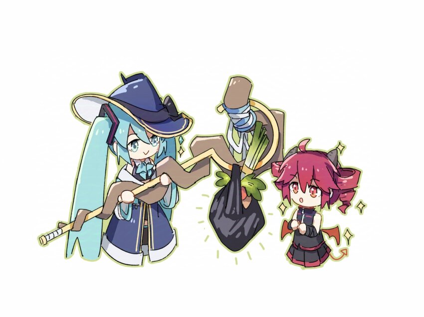 2girls ahoge alternate_costume bag black_ribbon black_shirt blue_eyes blue_hair chibi chibi_only cropped_torso demon_tail drill_hair food frontiersun hair_between_eyes hat hat_ribbon hatsune_miku highres holding holding_staff horns kasane_teto mage_staff multiple_girls orange_tail orange_wings parted_bangs plant pleated_skirt red_eyes red_hair ribbon shirt simple_background size_difference skirt skirt_set sleeveless sleeveless_shirt spring_onion staff star_(symbol) tail twin_drills twintails utau vegetable vocaloid white_background wings witch witch_hat