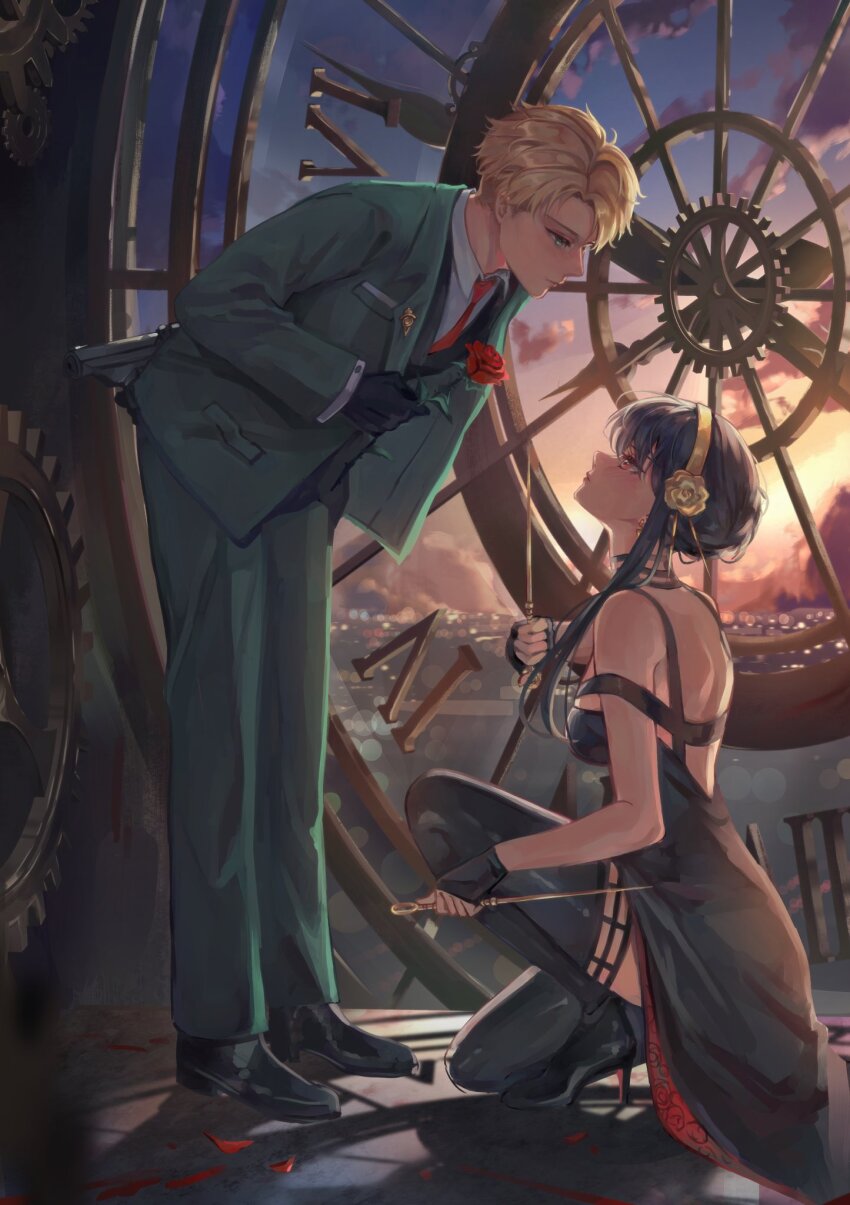 1boy 1girl bare_shoulders black_dress black_footwear black_gloves black_hair black_thighhighs blonde_hair breasts chikenryice dagger dress earrings flower formal_clothes gloves green_eyes green_jacket green_pants hair_ornament hairband highres holding holding_flower holding_weapon husband_and_wife jacket jewelry knife long_hair medium_breasts multicolored_hair necktie pants red_eyes red_flower red_necktie red_rose rose shoes short_hair spy_x_family stiletto_(weapon) streaked_hair suit sunset thighhighs twilight_(spy_x_family) vest weapon yor_briar