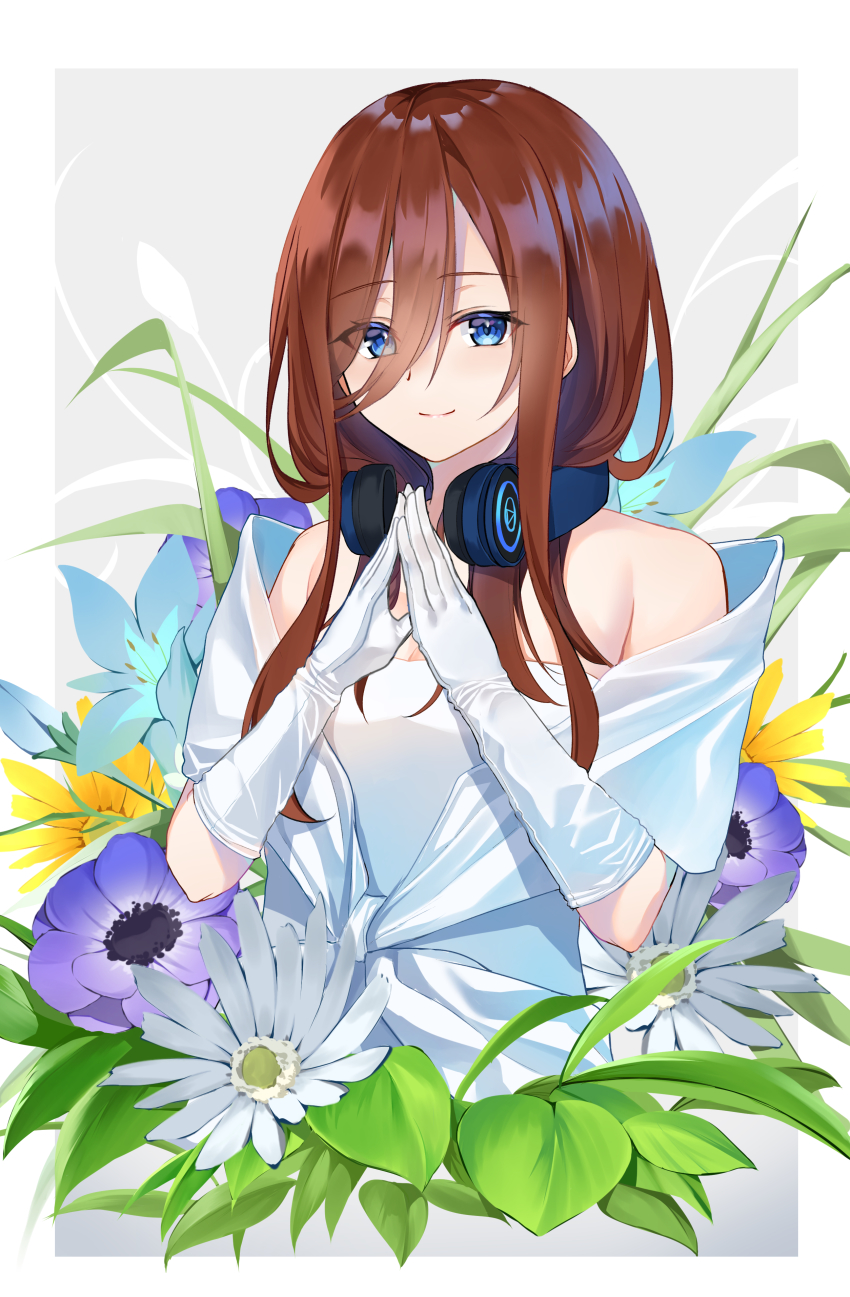 1girl absurdres bare_shoulders blue_eyes blue_flower border breasts cleavage closed_mouth commentary_request cropped_torso dress flower gloves go-toubun_no_hanayome grey_background hair_between_eyes headphones headphones_around_neck highres long_hair looking_at_viewer medium_breasts nakano_miku off_shoulder plant smile solo takenoko_27074918 white_border white_dress white_flower white_gloves