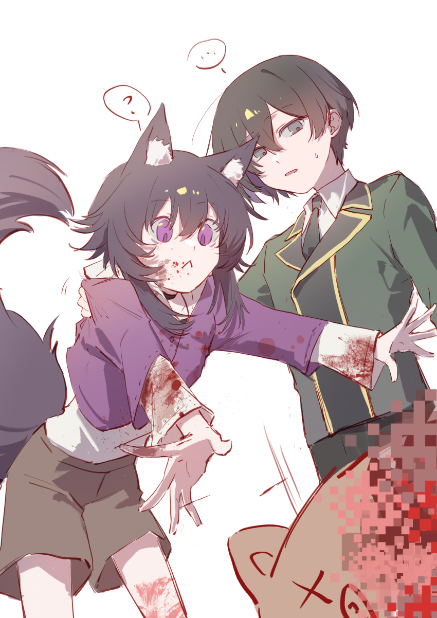 1boy 1girl ? absurdres aged_down akino_hozuki animal_ears black_eyes black_hair black_necktie blood blood_on_clothes blood_on_face blood_on_hands cid_kagenou delta_(kage_no_jitsuryokusha_ni_naritakute!) hair_between_eyes highres kage_no_jitsuryokusha_ni_naritakute! long_sleeves necktie pulling_another&#039;s_clothes purple_eyes short_hair shorts tail wolf_ears wolf_girl wolf_tail