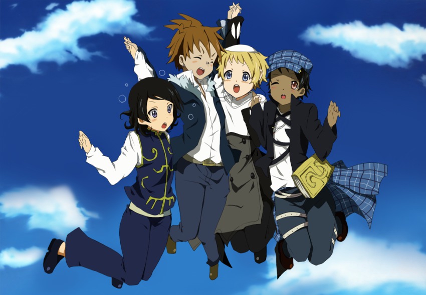 4boys :d :o ;d ^_^ arms_up belt black_hair blonde_hair blue_eyes blush book brown_hair buttons chinese_clothes closed_eyes cloud dark_skin dark-skinned_male day everyone closed_eyes falling fur_trim giriko_(soul_eater) gopher_(soul_eater) holding_hands hat jacket justin_law k-on! male_focus multiple_boys noah_(soul_eater) one_eye_closed open_clothes open_jacket open_mouth outdoors pants parody pink_eyes plaid round_teeth scared shoes sky smile soul_eater spiked_hair sweatdrop teeth vest walice wink