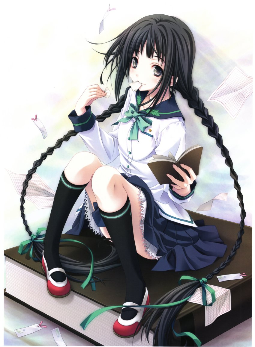 1girl absurdres amano_tooko book bookmark bungaku_shoujo eating highres knees_together_feet_apart legs miyama-zero purple_eyes purple_hair school_uniform shoes sitting socks