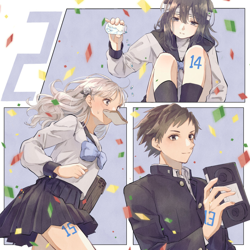 1boy 2girls absurdres bag bandaged_head bandaged_neck bandages black_sailor_collar blue_neckerchief bread bread_slice brown_hair flower food food_in_mouth fuyusaka_iori gakuran grey_hair grey_serafuku hair_flower hair_ornament highres juusan_kihei_bouei_ken kurabe_juurou kuro_n314 long_hair long_sleeves medicine medicine_bottle mouth_hold multiple_girls neckerchief pill pill_bottle pleated_skirt rose running sailor_collar school_bag school_uniform serafuku shinonome_ryouko_(juusan_kihei_bouei_ken) shirt simple_background skirt toast toast_in_mouth videocassette white_flower white_hair white_rose