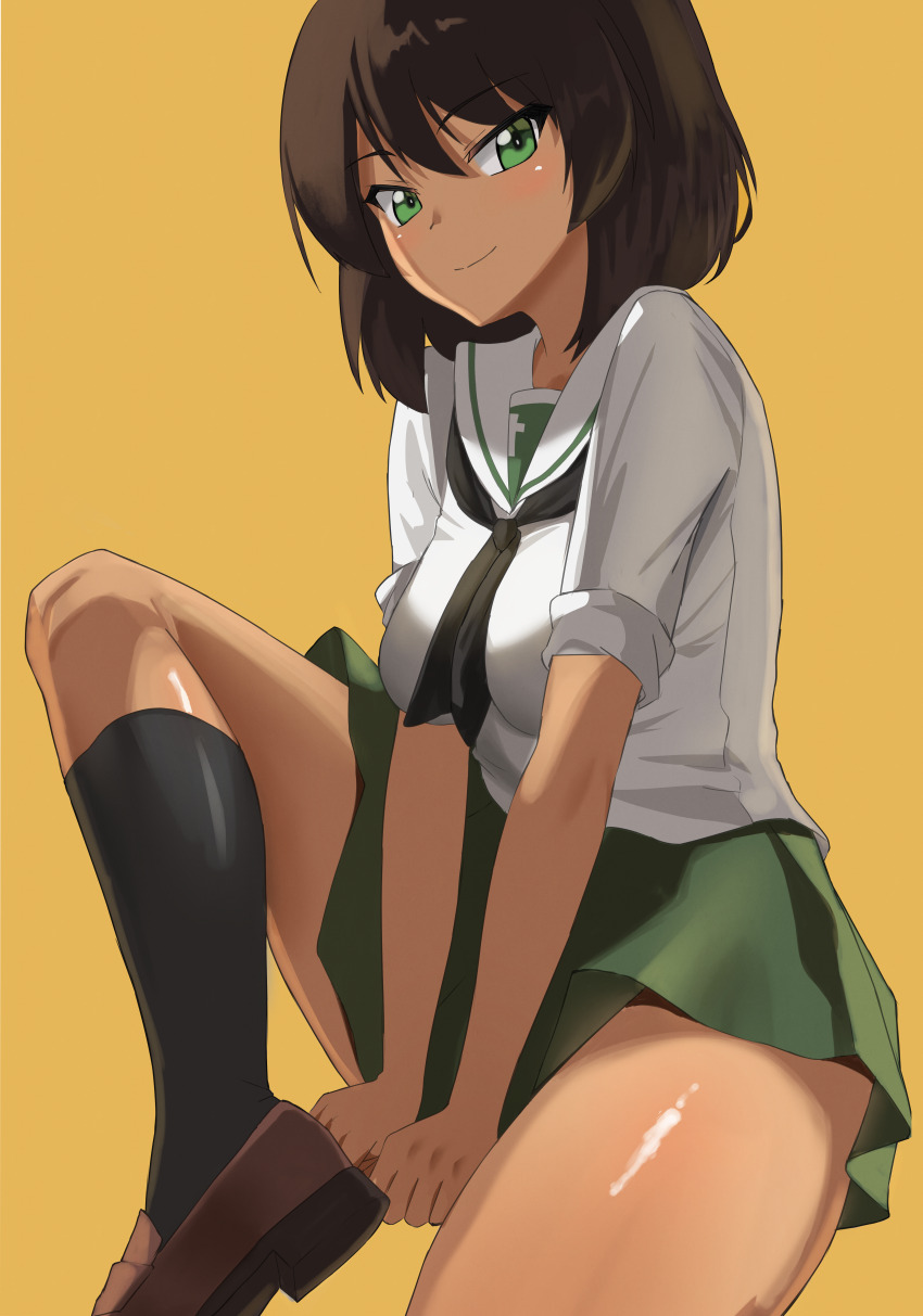 1girl absurdres black_hair black_neckerchief black_socks blouse bob_cut brown_shoes closed_mouth dark-skinned_female dark_skin girls_und_panzer green_eyes green_skirt highres hoshino_(girls_und_panzer) knee_up kneehighs lazurite_(user_8870367) loafers long_sleeves looking_at_viewer miniskirt neckerchief ooarai_school_uniform orange_background pleated_skirt sailor_collar school_uniform serafuku shirt shoes short_hair simple_background sitting skirt skirt_tug smile socks solo v_arms white_sailor_collar white_shirt