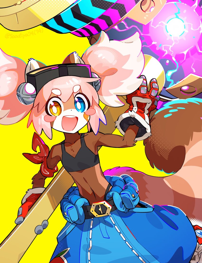 1girl animal_ears arm_up baggy_pants bikini black_bikini blue_eyes blue_pants blush_stickers body_fur bright_pupils brown_fur commentary_request cowboy_shot furry furry_female gloves goggles goggles_on_head heterochromia highres holding holding_mallet looking_at_viewer mallet open_mouth original pants pink_hair raccoon_ears raccoon_girl raccoon_tail red_gloves saadiya74 short_hair simple_background swimsuit tail twintails yellow_background yellow_eyes