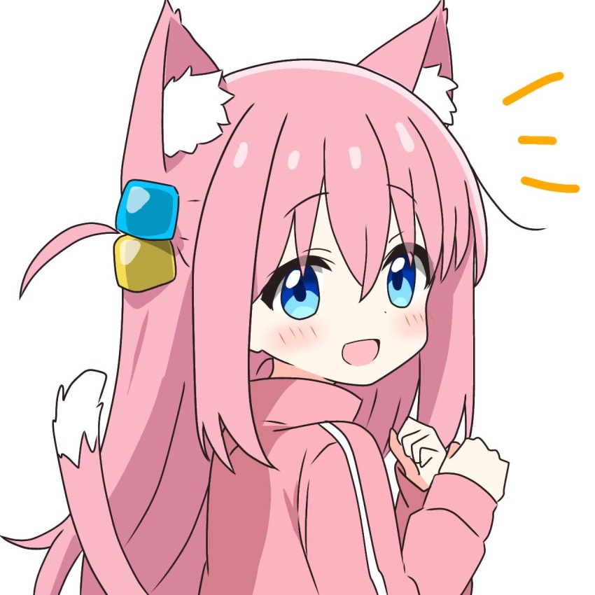 1girl :d animal_ear_fluff animal_ears blue_eyes blush bocchi_the_rock! cat_ears cat_girl cat_tail clenched_hands commentary_request cube_hair_ornament dot_nose gotoh_hitori hair_between_eyes hair_ornament hands_up highres jacket kemonomimi_mode kotatsu-mazoku long_hair long_sleeves looking_to_the_side notice_lines one_side_up open_mouth pink_hair pink_jacket sidelocks simple_background smile solo tail track_jacket upper_body white_background