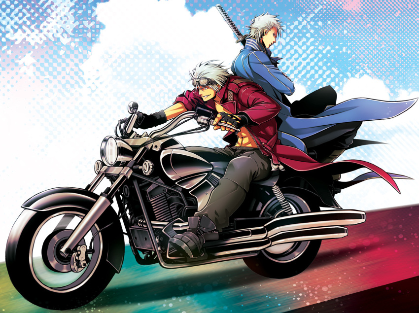 2boys brothers capcom dante_(devil_may_cry) devil_may_cry devil_may_cry_(series) devil_may_cry_3 gloves goggles highres katana looking_back male_focus motor_vehicle motorcycle multiple_boys siblings sword taum topless_male twins vehicle vergil_(devil_may_cry) weapon white_hair