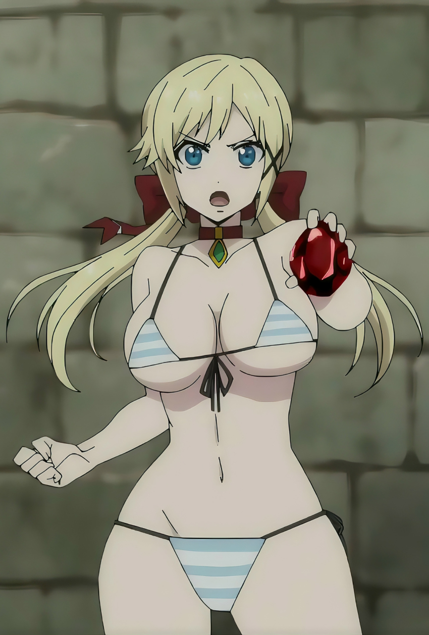 1girl bikini blonde_hair blue_eyes blush breasts choker cleavage clenched_hand gem hair_ribbon highres jewelry large_breasts legs looking_at_viewer low_twintails navel necklace open_mouth outstretched_arm ribbon serious side-tie_bikini_bottom solo stitched striped_bikini striped_clothes swimsuit thighs third-party_edit twintails wide_hips yuna_yunis yuusha_ga_shinda!