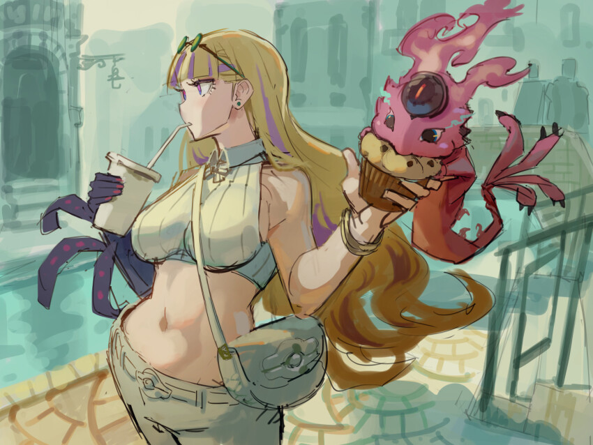 1girl bare_shoulders blonde_hair breasts cowboy_shot cropped_shirt cup denim drinking_straw duel_monster eating food holding holding_cup holding_food kazo_(kazozakazo) large_breasts midriff muffin multicolored_hair pants purple_hair shirt snake-eyes_poplar two-tone_hair white_pants white_shirt yu-gi-oh!