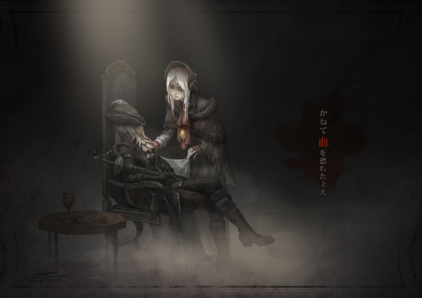 2girls absurdres armchair ascot blonde_hair blood bloodborne bonnet chair cloak closed_eyes dark_background doll_joints fromsoftware hat highres joints joshua_jin lady_maria_of_the_astral_clocktower multiple_girls plain_doll scabbard sheath silver_hair sleeping sword the_old_hunters weapon