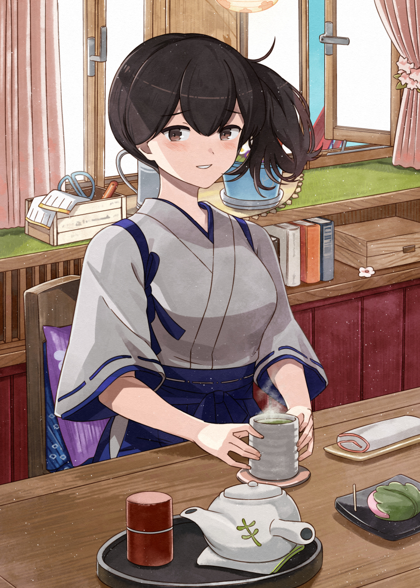 1girl black_hair blue_hakama blush book breasts brown_eyes chair commission cup curtains cushion day desk food grey_kimono hair_between_eyes hakama highres holding holding_cup indoors japanese_clothes kaga_(kancolle) kanmiya_shinobu kantai_collection kimono looking_at_viewer parted_lips plant ponytail potted_plant ribbon-trimmed_sleeves ribbon_trim side_ponytail sitting skeb_commission solo steam table tasuki teapot tray wide_sleeves window yunomi