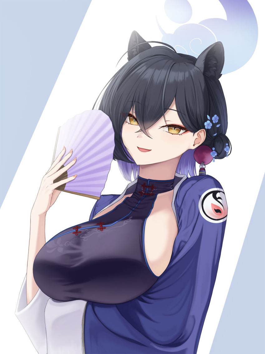 1girl :d animal_ear_fluff animal_ears black_dress black_hair blue_archive breasts china_dress chinese_clothes commentary dress folding_fan hand_fan highres holding holding_fan kaguya_(blue_archive) large_breasts looking_at_viewer muwon open_mouth short_hair smile solo upper_body yellow_eyes