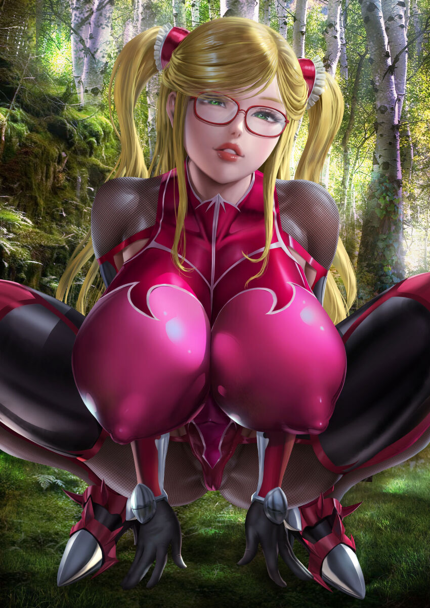 1girl arms_under_breasts blonde_hair blush bodysuit breasts covered_erect_nipples covered_navel forest glasses green_eyes highres huge_breasts impossible_bodysuit impossible_clothes kosaka_shizuru legs_apart lexaiduer lips long_hair looking_at_viewer nature naughty_face outdoors parted_lips red_bodysuit revealing_clothes seductive_smile shiny_clothes shiny_skin skin_tight smile solo spread_legs squatting taimanin_(series) taimanin_suit taimanin_yukikaze tree twintails two_side_up very_long_hair