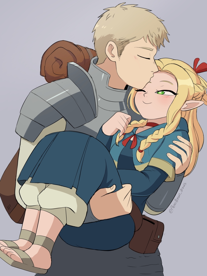 1boy 1girl armor backpack bag blonde_hair blue_capelet blue_dress braid capelet carrying choker closed_eyes commentary crown_braid dress dungeon_meshi green_eyes grey_background highres kiss kissing_forehead laios_touden low_twin_braids marcille_donato one_eye_closed pants pants_under_dress pencilman_draws pointy_ears pouch princess_carry red_choker sandals smile spanish_commentary twin_braids twitter_username