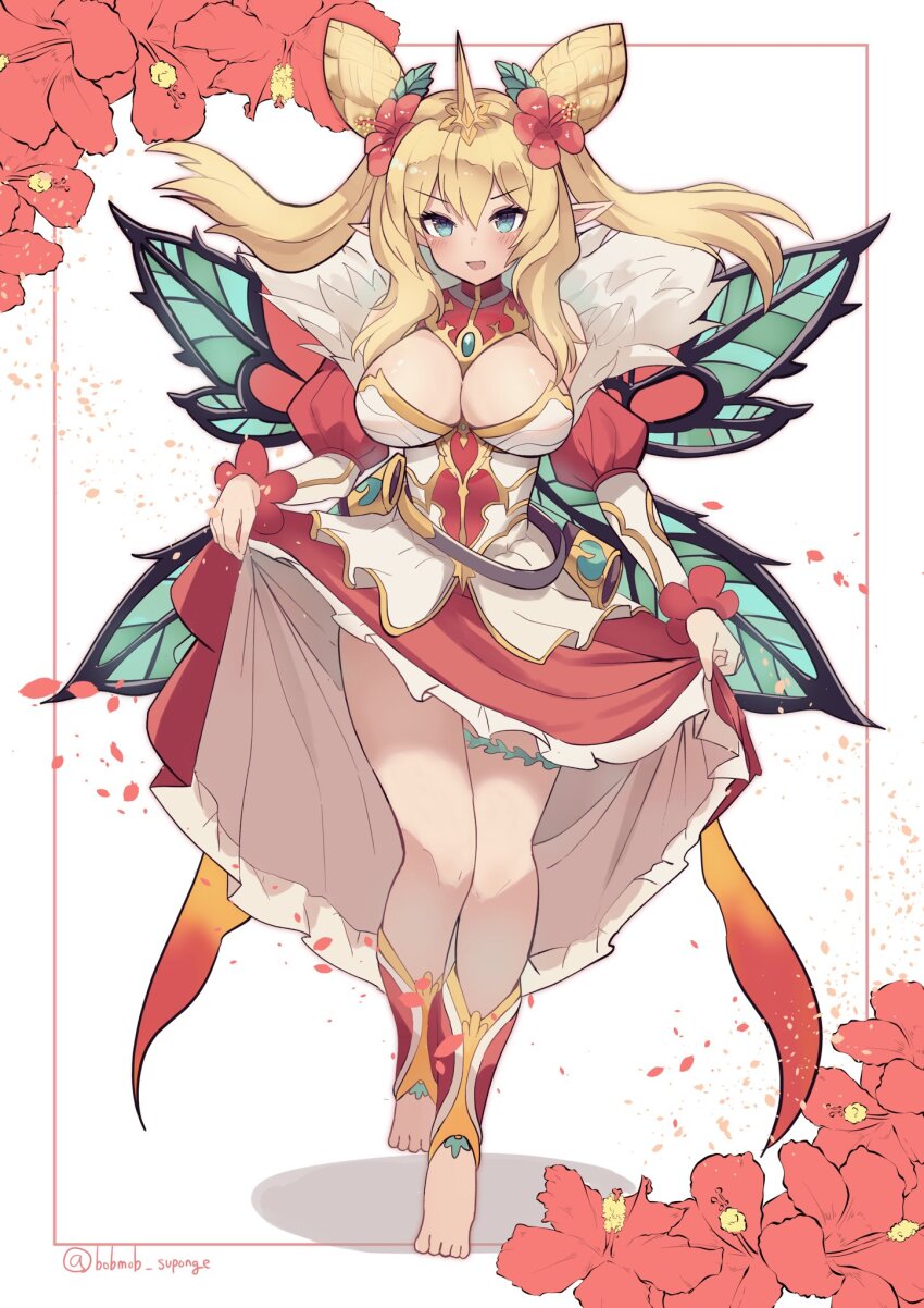 1girl armband bobmob_suponge breasts butterfly_wings clothes_lift double_bun dress fairy flower green_eyes hair_bun hibiscus highres horns insect_wings large_breasts leaf_wings pointy_ears puffy_sleeves puzzle_&amp;_dragons red_dress rosalyn_(p&amp;d) single_horn skirt skirt_lift solo wings