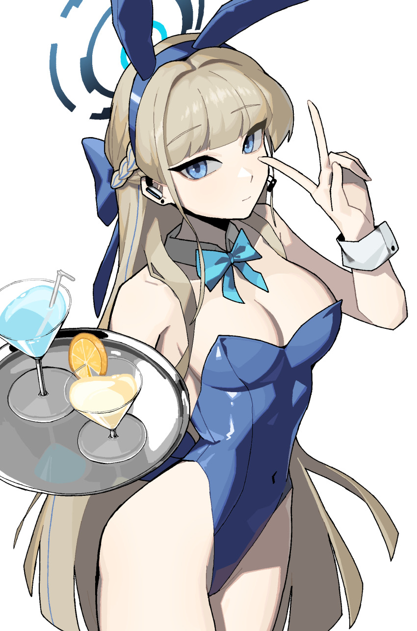 1girl blonde_hair blue_archive bow bowtie breasts byungttal cowboy_shot halo highres juice looking_at_viewer medium_breasts rabbit_ears solo thigh_gap toki_(blue_archive) toki_(bunny)_(blue_archive) v white_background