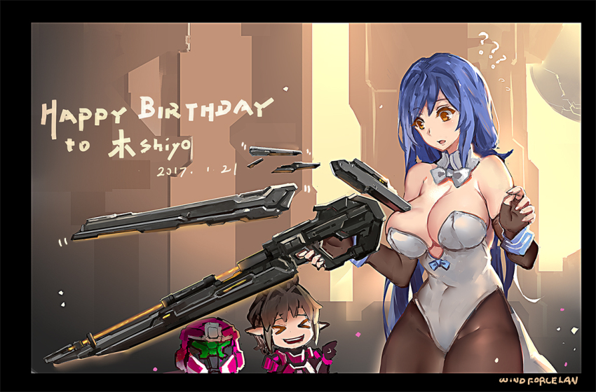 &gt;_&lt; 2girls :d ? ?? armor artist_name bare_shoulders black_gloves black_legwear blue_hair border breasts brown_eyes brown_hair cleavage closed_eyes covered_navel dated detached_sleeves elbow_gloves fingerless_gloves girls&#039;_frontline gloves gun hair_intakes halo_(game) halo_(series) hands_up happy_birthday helmet holding holding_gun holding_weapon large_breasts laughing leotard long_hair multiple_girls open_mouth pantyhose parted_lips pointing power_armor signature smile spartan tar-21_(girls&#039;_frontline) teeth thighs trigger_discipline unworn_headwear unworn_helmet weapon white_leotard windforcelan