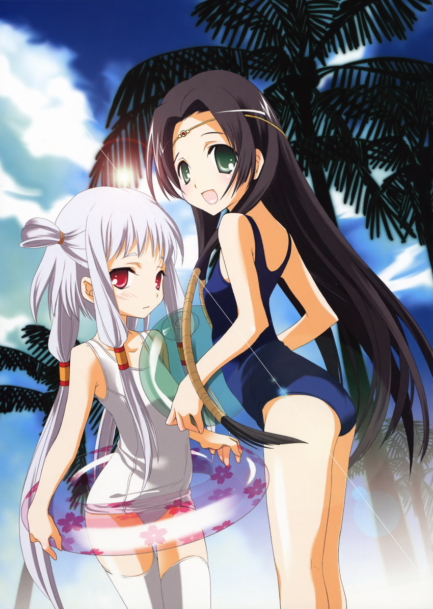 00s 2girls absurdres beach black_hair child circlet code_geass day flat_chest green_eyes highres innertube lens_flare long_hair miyashita_miki multiple_girls one-piece_swimsuit quad_tails red_eyes school_swimsuit sumeragi_kaguya sun swim_ring swimsuit thighhighs tianzi very_long_hair white_hair white_one-piece_swimsuit white_school_swimsuit white_thighhighs