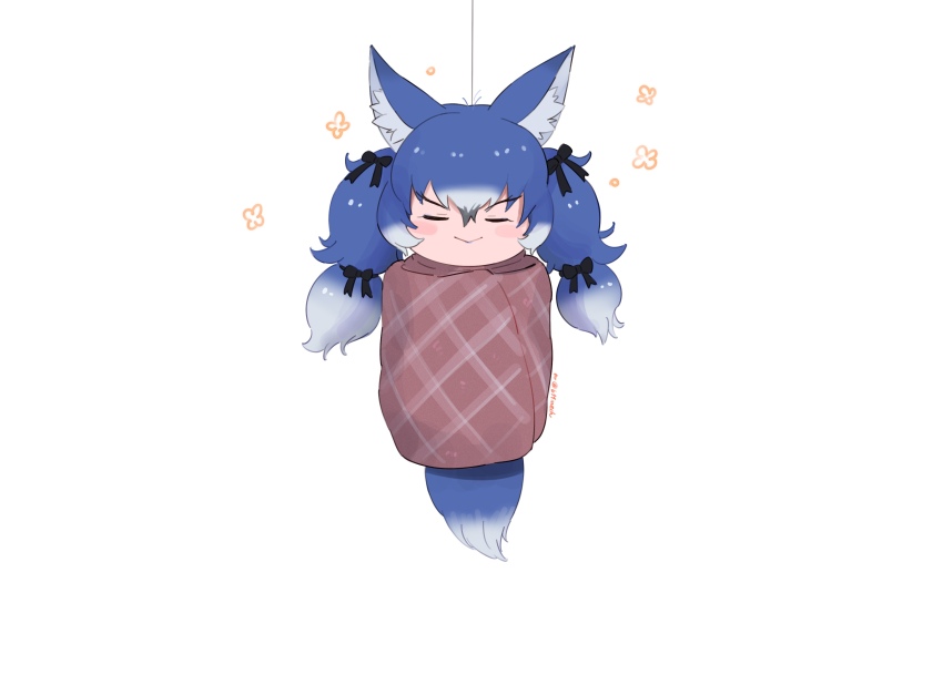 1girl absurdres animal_ears beleven black_ribbon blanket blue_hair closed_eyes dire_wolf_(kemono_friends) extra_ears eyeshadow full_body highres kemono_friends kemono_friends_v_project lipstick long_hair makeup ribbon simple_background sleeping solo tail twintails virtual_youtuber wolf_ears wolf_girl wolf_tail