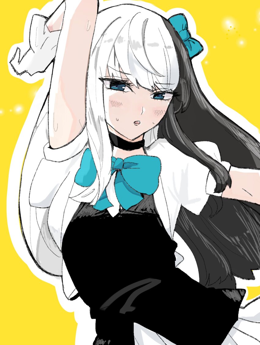 absurdres aqua_bow black_choker black_hair blue_bow blue_eyes blush bow choker choujou_meguru choujun!_choujou_senpai crossdressing gloves highres multicolored_hair narumiami98 short_sleeves skirt solo sweat two-tone_hair white_gloves white_hair white_skirt yellow_background