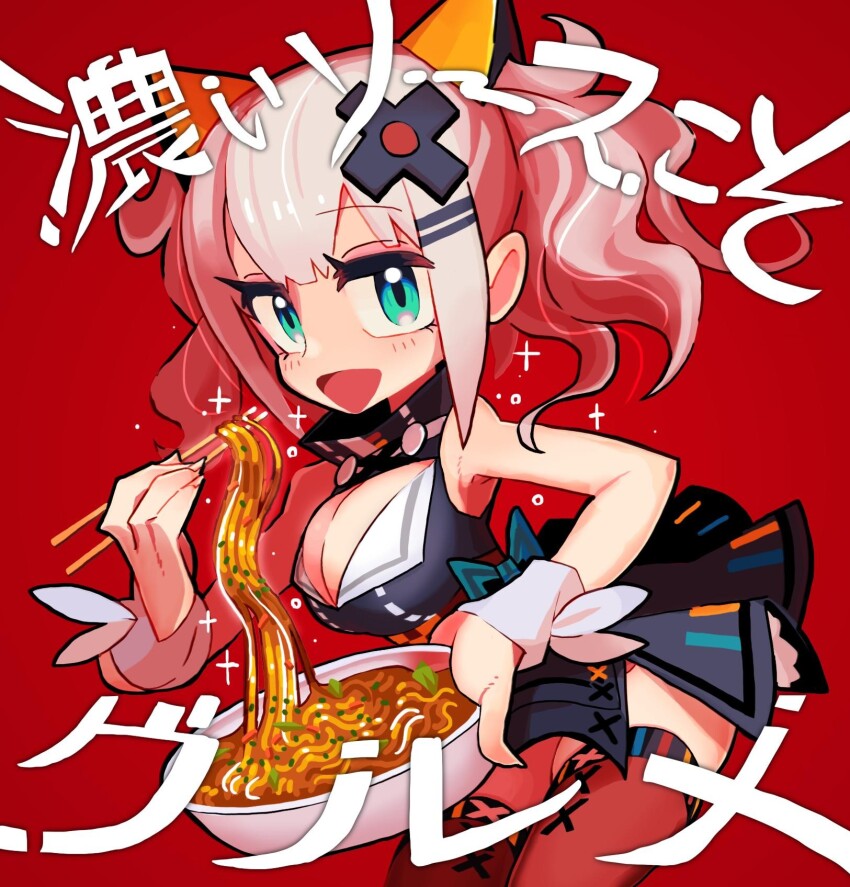 1girl aqua_eyes bowl breasts chopsticks cleavage cleavage_cutout clothing_cutout commentary cowboy_shot dress food gashi-gashi hair_ornament highres holding holding_bowl kaguya_luna large_breasts noodles open_mouth pink_hair red_background simple_background sleeveless sleeveless_dress solo symbol-only_commentary the_moon_studio thighhighs translation_request twintails virtual_youtuber wrist_cuffs