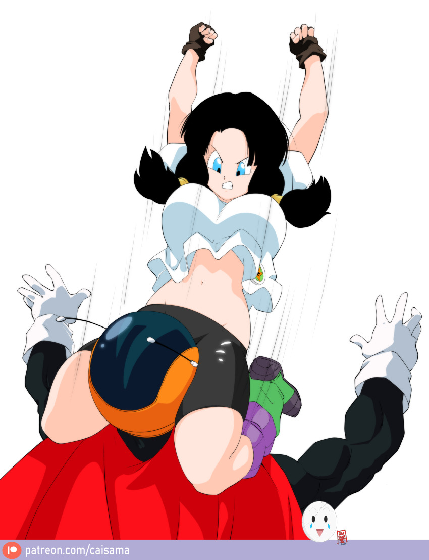 1boy 1girl absurdres accidental_pervert angry ass between_legs biting black_hair blue_eyes blush breasts caisama cape dragon_ball dragonball_z face_in_crotch fighting gloves great_saiyaman head_biting highres muscular muscular_male navel serious shorts sitting sitting_on_face sitting_on_person son_gohan tagme thick_thighs thighs tomboy twintails videl