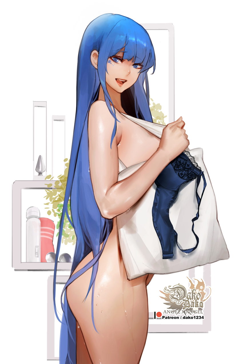 1girl absurdres artist_logo blue_bra blue_eyes blue_hair bra breasts butt_plug commentary english_commentary facial_tattoo highres hitachi_magic_wand holding holding_bra holding_underwear holding_unworn_clothes hu_dako large_breasts lips logo long_hair looking_at_viewer open_mouth original sex_toy solo sweat tattoo teeth tenga underwear unworn_bra very_long_hair vibrator