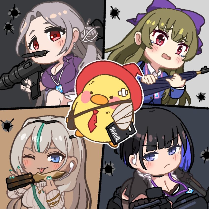 4girls bandage_on_face bandaged_arm bandages bird black_jacket blue_eyes blue_hair blue_jacket blush_stickers breasts brown_dust_(series) brown_dust_2 bullet_hole cleavage colored_inner_hair crying crying_with_eyes_open dagger duck earphones earrings green_hair grey_hair hair_ribbon hat holding holding_dagger holding_knife holding_notebook holding_pen holding_rocket_launcher holding_weapon id_card jacket jewelry knife lanyard large_breasts licking licking_weapon long_hair luvencia_(brown_dust) mascot michaela_(brown_dust) motor_vehicle motorcycle multicolored_hair multiple_girls nail_polish nebris_(brown_dust_2) necktie notebook office_lady official_art on_motorcycle one_eye_closed pen pen_in_mouth red_eyes red_hat red_necktie ribbon rocket_launcher second-party_source seir_(brown_dust) streaked_hair tears tongue tongue_out two-tone_hair umbrella_gun upper_body very_long_hair weapon white_hair