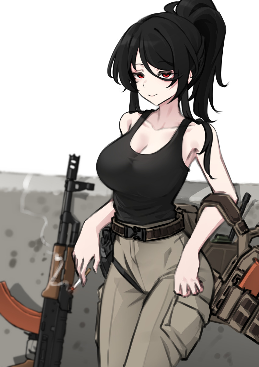 1girl absurdres against_wall ammunition_pouch assault_rifle bandit-chan_(k0ng) bare_shoulders belt black_hair black_shirt breasts brown_belt cigarette collarbone elbow_rest empty_eyes grey_pants gun hair_between_eyes handgun high-waist_pants high_ponytail highres holding holding_cigarette holster k0ng large_breasts load_bearing_vest long_hair looking_at_viewer original pants pouch radio raised_eyebrows red_eyes rifle shadow shirt sidelocks simple_background sleeveless sleeveless_shirt smoke thigh_holster tsurime weapon white_background