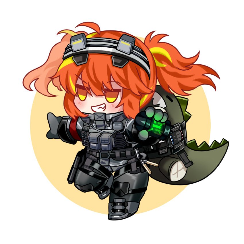 1girl absurdres alternate_costume blush camouflage chelsea_(neural_cloud) chibi commission commissioner_upload full_body girls&#039;_frontline girls&#039;_frontline_neural_cloud gloves headset highres holding long_sleeves looking_at_viewer military_uniform non-web_source open_mouth orange_hair smile smug solo standing standing_on_one_leg stuffed_dinosaur teeth transparent_background twintails urban_camouflage yellow_eyes yuutama2804