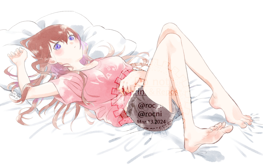 1girl 2024 bare_legs barefoot bed_sheet black_shorts blue_eyes blush brown_hair closed_mouth dated full_body hair_between_eyes long_hair lying makise_kurisu on_back painting_(medium) pink_shirt print_shirt rocni shirt short_shorts short_sleeves shorts soles solo steins;gate straight_hair traditional_media watercolor_(medium) watermark