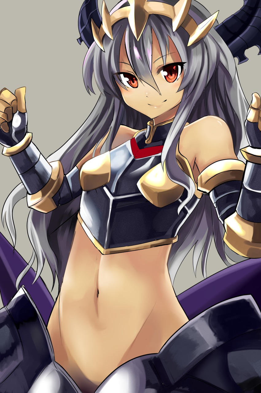 1girl absurdres armor bare_shoulders crown detached_sleeves female_focus grey_background groin highres horns long_hair midriff monster_girl navel red_eyes shinrabanshou simple_background smile solo tiamatt very_long_hair yoshizawa_tsubaki