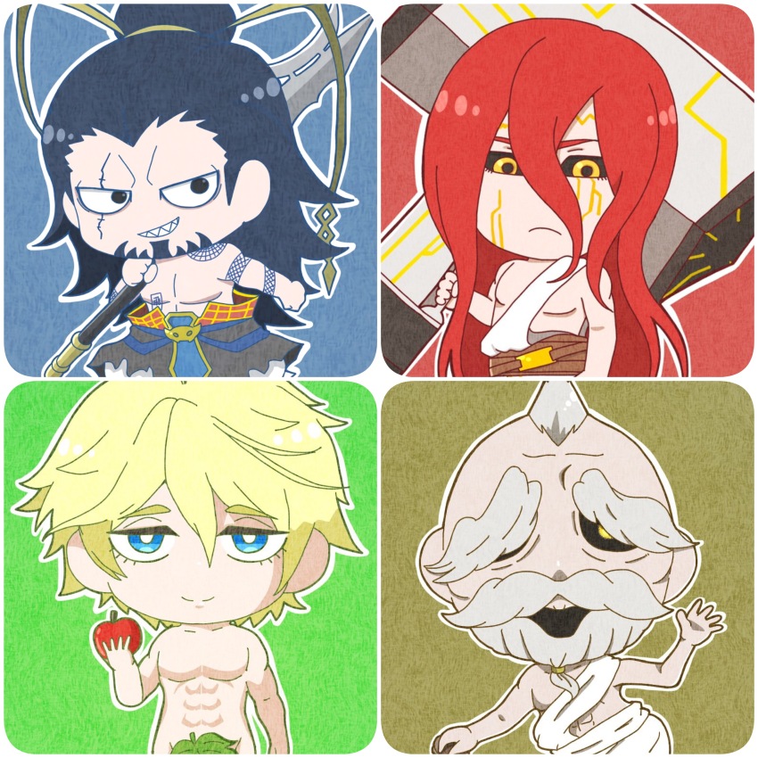 4boys abs absurdres adam_(shuumatsu_no_valkyrie) ahoge ancient_greek_clothes arm_tattoo baggy_pants beard belt black_hair black_sclera blonde_hair blue_background blue_eyes brown_belt cheek_tattoo chibi chinese_clothes colored_sclera completely_nude covering_privates derutta facial_hair facial_tattoo facing_viewer food forehead_tattoo frown fruit full_body goatee gold_buckle gold_ribbon gold_tattoo greco-roman_clothes green_background grey_hair hair_between_eyes hair_bun hair_ribbon half-closed_eyes hand_on_stick hand_up highres holding holding_food holding_fruit holding_lance holding_polearm holding_weapon jitome lance leaf leaf_censor long_hair looking_at_viewer lu_bu_(shuumatsu_no_valkyrie) male_focus mjolnir multiple_boys muscular muscular_male no_eyebrows nude old old_man pants pectorals polearm red_background red_hair ribbon robe sash scar scar_across_eye sharp_teeth shirtless_male short_hair shoulder_tattoo shuumatsu_no_valkyrie smile staff standing sunken_eyes tattoo teeth thick_eyebrows thor_(shuumatsu_no_valkyrie) toned toned_male topknot topless very_long_hair weapon white_pants white_robe white_sash yellow_background yellow_eyes zeus_(shuumatsu_no_valkyrie)