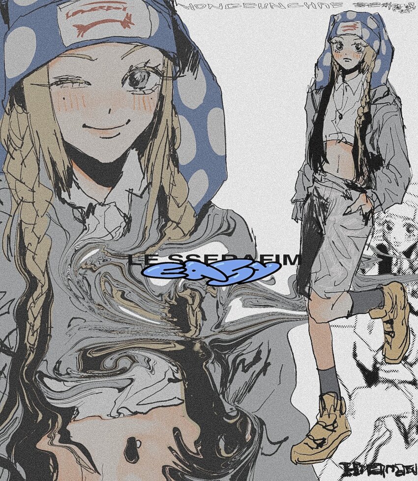 1girl animal_ear_headwear animification beanie black_socks blonde_hair blue_hat braid copyright_name cropped_shirt fake_animal_ears grey_shorts hat highres hira_kumatsu hong_eun-chae k-pop le_sserafim looking_at_viewer midriff mole mole_under_eye multiple_views navel one_eye_closed polka_dot_headwear real_life shoes shorts sneakers socks song_name twin_braids yellow_footwear