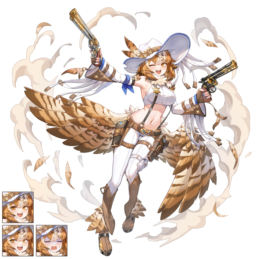 1girl absurdres armpits bare_shoulders belt blue_nails blush bob_cut boots breasts brown_belt brown_footwear brown_wings buttons cowboy_hat cowgirl_(western) crop_top detached_sleeves dust falling_feathers feathered_wings feathers full_body gun handgun hat hat_feather highres holding holding_gun holding_weapon holster knees_together_feet_apart large_breasts long_sleeves low_wings medium_hair midriff morung multiple_views navel one_eye_closed open_mouth original outstretched_arm pants revolver ribbed_shirt sheriff_badge shirt sleeveless sleeveless_shirt slit_pupils small_sweatdrop standing star_(symbol) teeth thick_eyebrows thigh_gap thigh_holster tight_clothes tight_pants upper_teeth_only weapon white_background white_hat white_pants white_shirt wings