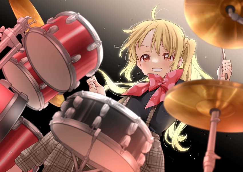 1girl absurdres black_shirt blonde_hair blurry blurry_foreground bocchi_the_rock! bow bowtie brown_eyes commentary_request drum drum_set drumming dutch_angle grin highres ijichi_nijika instrument long_hair looking_at_viewer official_art pants plaid_clothes plaid_pants shirt side_ponytail smile solo suspenders sweat uchino_maiko