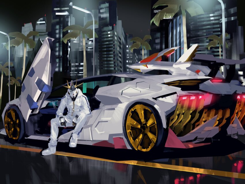 car gundam gundam_hathaway&#039;s_flash highres humanoid_robot jacket lamborghini lamborghini_aventador mobile_suit motor_vehicle no_humans pants penelope_(hathaway&#039;s_flash) rintaro_komori robot shoes sitting sneakers solo spoiler_(automobile) sweatpants track_jacket v-fin vehicalization vehicle_focus white_footwear white_jacket white_pants