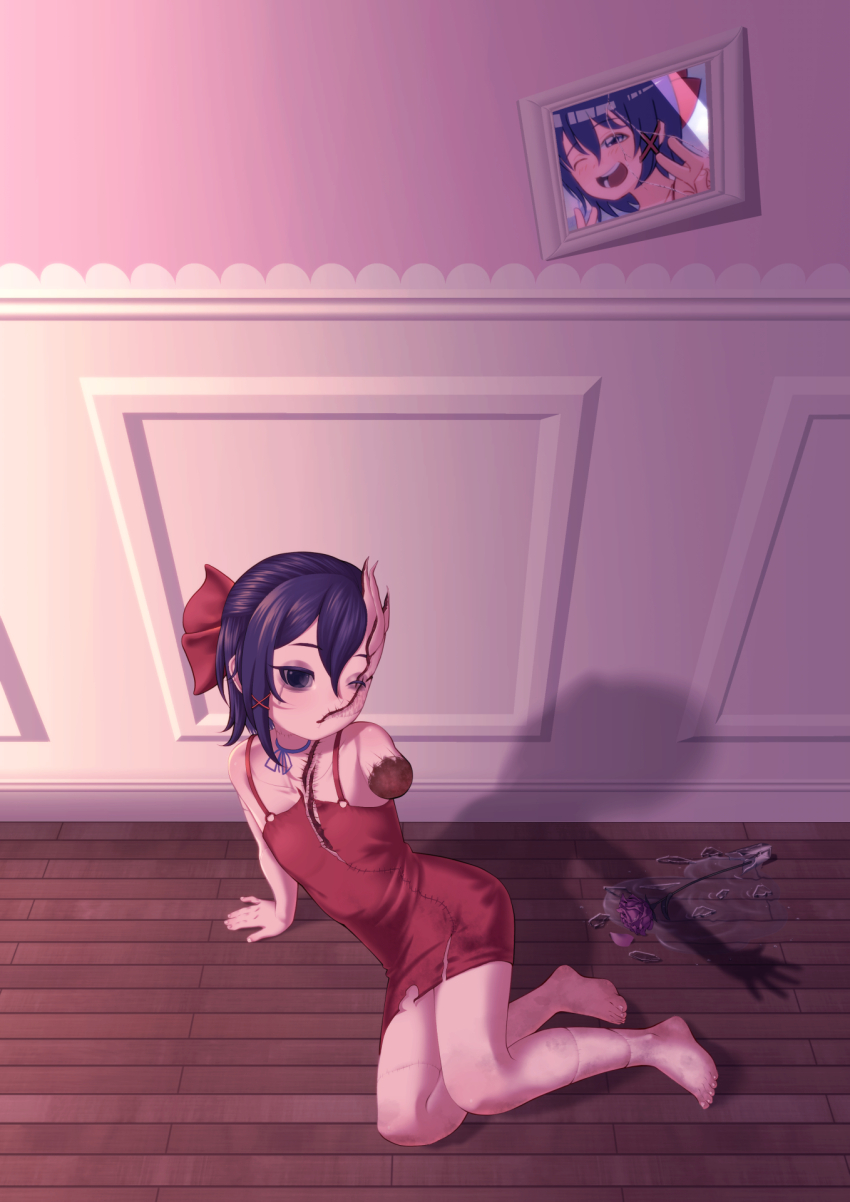 1girl amputee blue_eyes blue_hair blush bow broken_glass commentary_request double_v dress flower glass hallway highres horns miside on_floor one_eye_closed open_mouth photo_(object) picture_frame red_bow red_dress rose scar shadow short_hair single_horn sitting smile stitches tenchi666 tiny_mita_(miside) v water