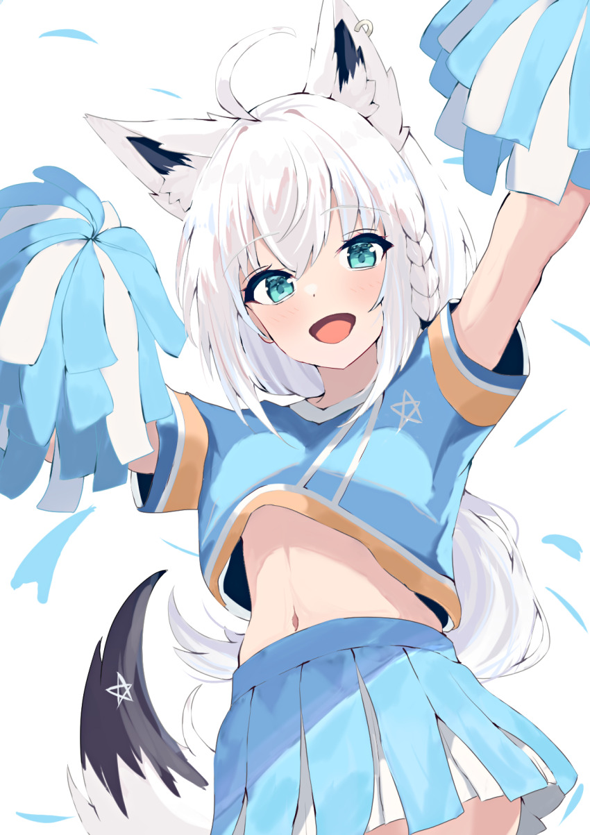 1girl :d ahoge alternate_costume animal_ear_fluff animal_ears aqua_eyes arms_up blue_shirt blue_skirt braid cheerleader commentary cowboy_shot cropped_shirt earrings fox_ears fox_girl fox_tail hair_between_eyes highres holding holding_pom_poms hololive jewelry long_hair looking_at_viewer midriff natsuki_(natsu_1936) navel open_mouth pentagram pom_pom_(cheerleading) pom_poms shirakami_fubuki shirt side_braid sidelocks simple_background single_earring skirt smile solo tail very_long_hair virtual_youtuber white_background white_hair