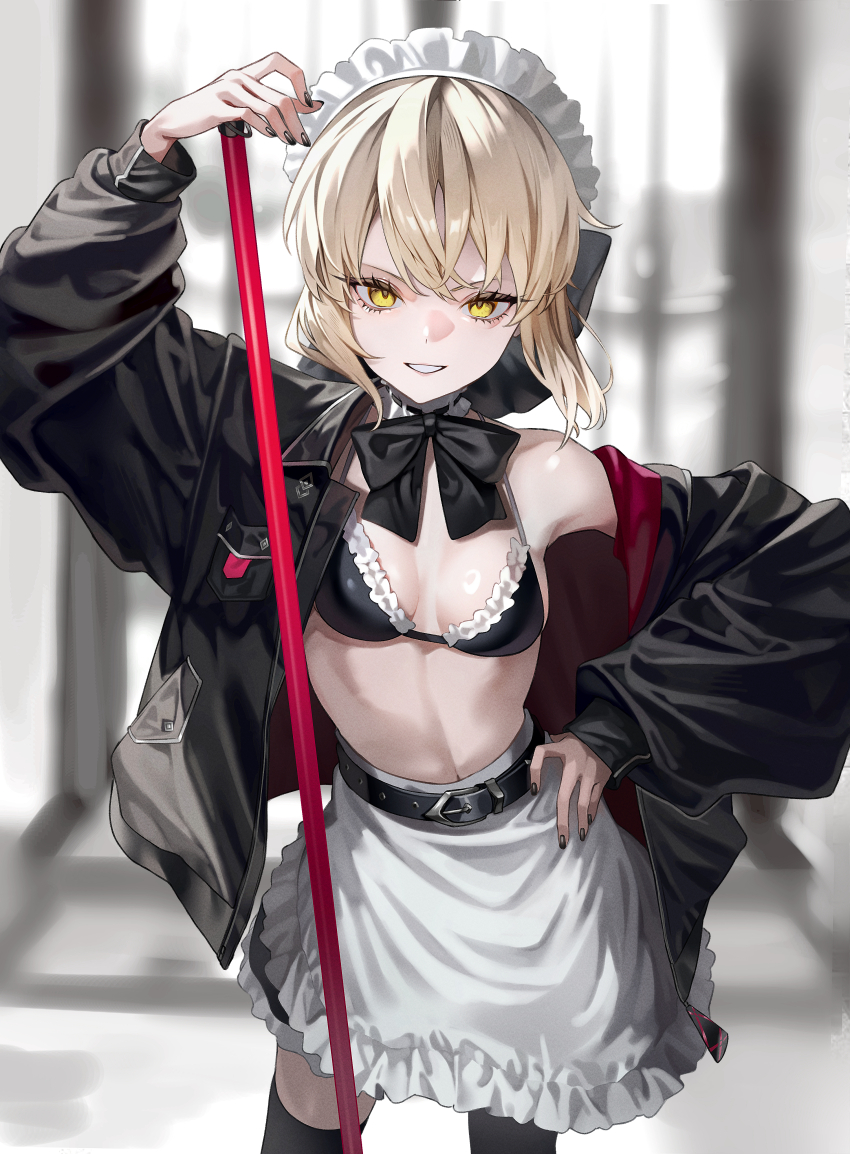 1girl absurdres artoria_pendragon_(alter_swimsuit_rider)_(fate) artoria_pendragon_(alter_swimsuit_rider)_(second_ascension)_(fate) artoria_pendragon_(fate) belt bikini black_bikini black_bow black_thighhighs blonde_hair bow breasts choker commentary fate/grand_order fate_(series) frilled_bikini frilled_choker frills hair_bow highres hood hoodie jacket looking_at_viewer maid maid_bikini maid_headdress maririri111 navel neck_garter open_clothes open_hoodie saber_alter short_hair solo swimsuit thighhighs unconventional_maid yellow_eyes