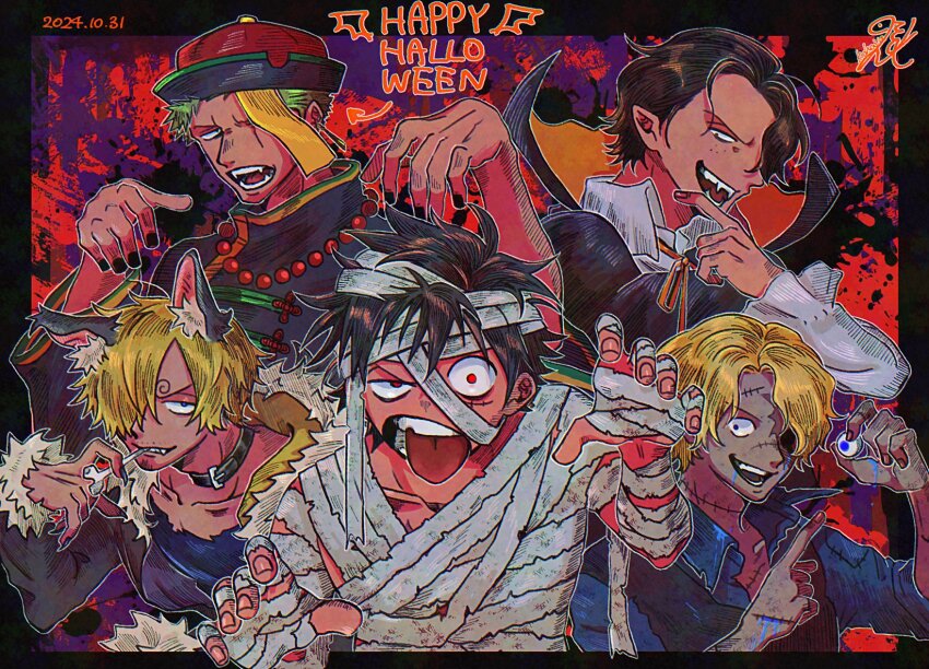 5boys animal_ears bandages black_hair blonde_hair choker commentary curly_eyebrows fake_animal_ears fangs fingernails freckles green_hair hair_over_one_eye happy_halloween hat highres holding_eyeball kohaya58938 long_fingernails looking_at_viewer male_focus monkey_d._luffy multiple_boys one_piece portgas_d._ace roronoa_zoro sabo_(one_piece) sanji_(one_piece) short_hair tongue tongue_out