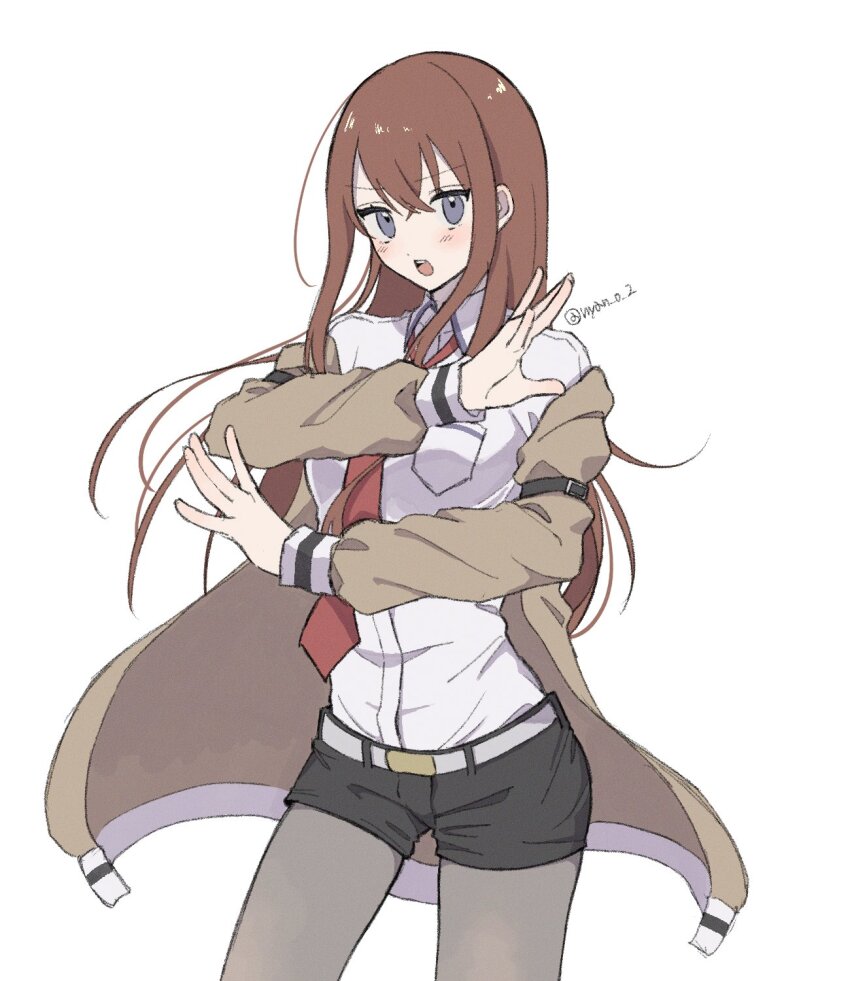 1girl belt black_pantyhose black_shorts blush brown_hair brown_jacket chuunibyou collared_shirt commentary_request cowboy_shot crossed_bangs grey_belt grey_eyes hair_between_eyes hands_up hashtag-only_commentary highres jacket long_hair long_sleeves looking_at_viewer makise_kurisu necktie nyan_o2 open_clothes open_jacket open_mouth outstretched_hand pantyhose pantyhose_under_shorts red_necktie shirt shorts simple_background solo steins;gate teeth twitter_username upper_teeth_only v-shaped_eyebrows very_long_hair white_background white_shirt