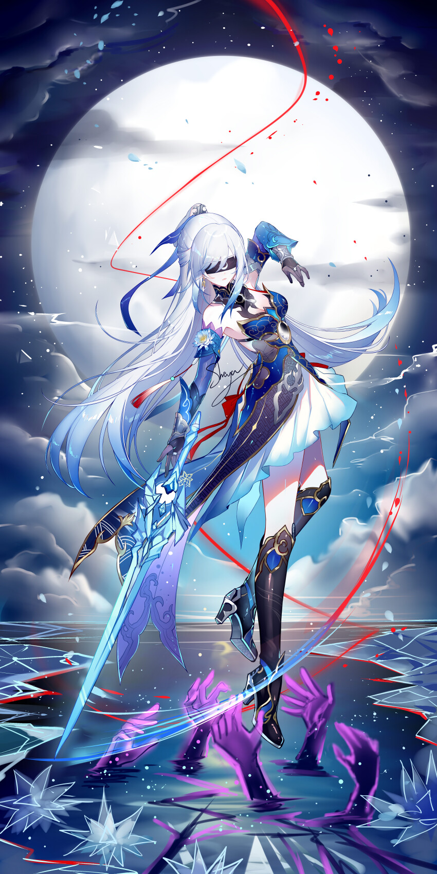 1girl absurdres artist_name bare_shoulders black_blindfold black_footwear blindfold blue_dress blue_gloves boots breasts chinese_clothes cleavage commentary crystal_sword dress elbow_gloves full_body full_moon gloves high_heel_boots high_heels highres holding holding_sword holding_weapon honkai:_star_rail honkai_(series) jingliu_(honkai:_star_rail) long_hair medium_breasts moon night night_sky purple_hands red_eyes sheya sky solo sword symbol-only_commentary thighs weapon white_hair