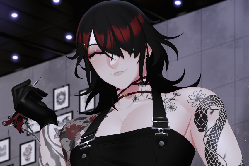 1boy absurdres arm_tattoo black_hair blurry depth_of_field flower_tattoo highres luxiem male_focus muscular muscular_male nijisanji nijisanji_en non-web_source pectoral_cleavage pectorals shoulder_tattoo tattoo virtual_youtuber vox_akuma