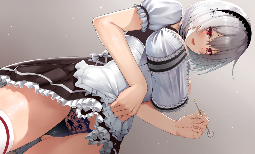 1girl azur_lane black_panties blush breasts cameltoe choker clothes_lift collarbone dress dress_lift dutch_angle female_focus gradient_background hair_between_eyes hairband heart highres holding lace-trimmed_hairband lace_trim large_breasts lifting_own_clothes looking_at_viewer mimikaki panties puffy_sleeves red_eyes ribbon short_hair short_sleeves sidelocks simple_background sirius_(azur_lane) solo suika_(atelier-yuu) thighhighs underwear white_dress white_hair white_thighhighs