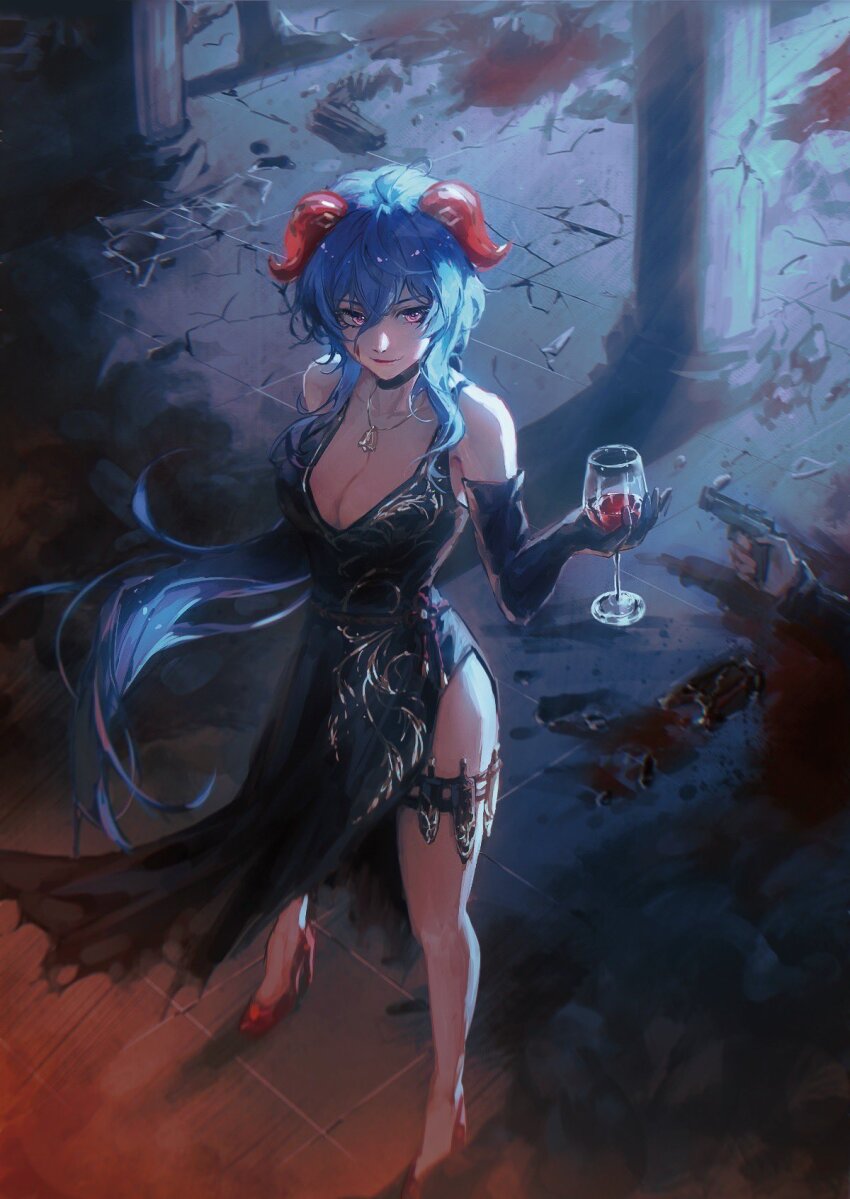 1girl alcohol alternate_costume bare_shoulders bell black_choker black_dress blood blood_on_ground blue_hair breasts choker cleavage closed_mouth column commentary corpse cup dress drinking_glass elbow_gloves english_commentary from_above full_body ganyu_(genshin_impact) genshin_impact gloves goat_horns gun hair_between_eyes handgun high_heels highres holding holding_cup holding_gun holding_weapon horns jewelry knife large_breasts light_blue_hair long_hair low_ponytail neck_bell necklace pillar purple_eyes red_footwear red_horns red_wine side_slit sleeveless sleeveless_dress smile solo thigh_sheath very_long_hair weapon wine wine_glass zieru