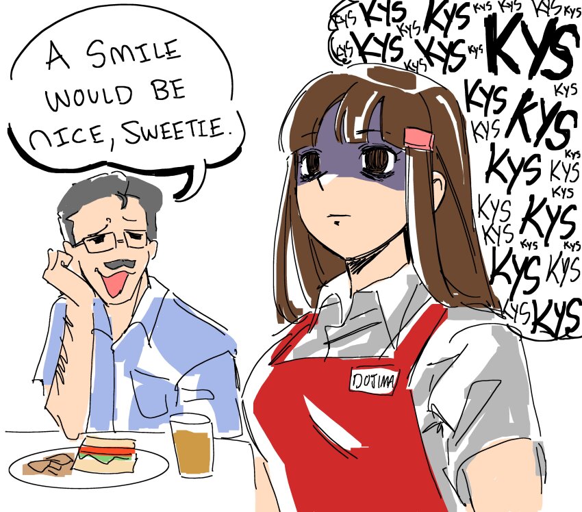 1boy 1girl absurdres aged_up angry apron bags_under_eyes brown_hair doujima_nanako employee_uniform empty_eyes english_text facial_hair food gimmie20dollas hair_ornament hairclip highres long_hair mustache partially_shaded_face persona persona_4 red_apron solo_focus speech_bubble thought_bubble waitress