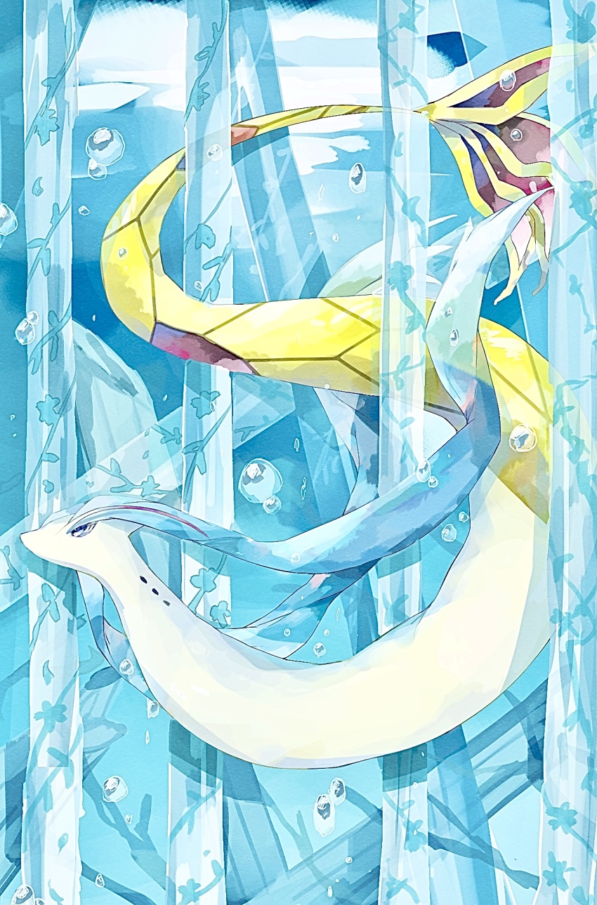 alternate_color animal_focus blue_background blue_theme bubble creatures_(company) fish from_side full_body game_freak gen_3_pokemon highres ice milotic nintendo no_humans pokemon pokemon_(creature) profile shiny_pokemon solo transparent tugu_pi underwater